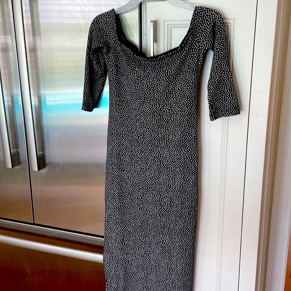 Black and white polkadot off the shoulder, fitted, midi dress, size small